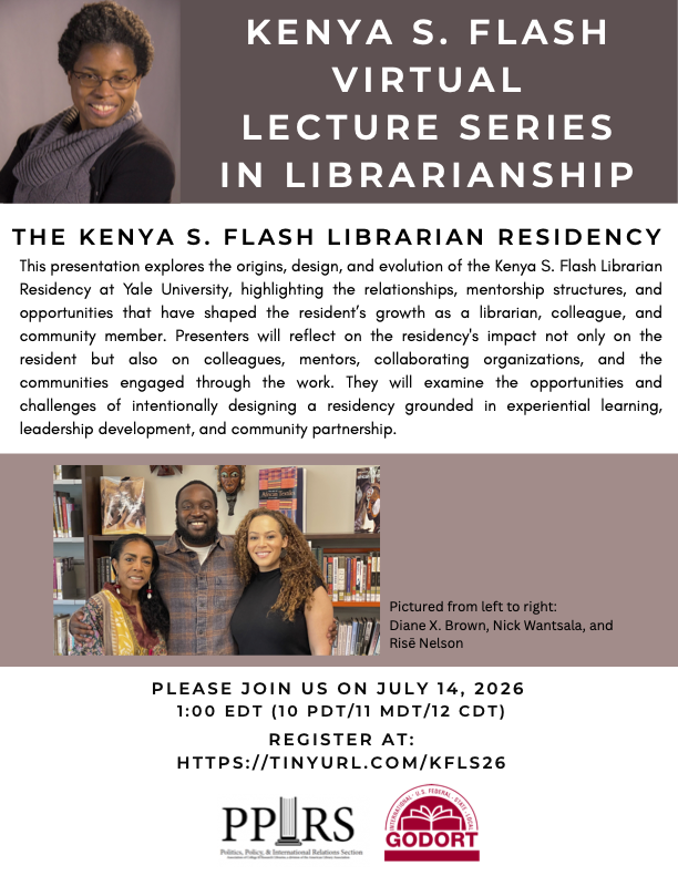 Portrait of Kenya Flash; Description of the program on Yale's Kenya Flash Librarian Residency, Picture of the three presenters of the 2026 Lecture, Diane X. Brown, Nick Wantsala, and Risë Nelson 